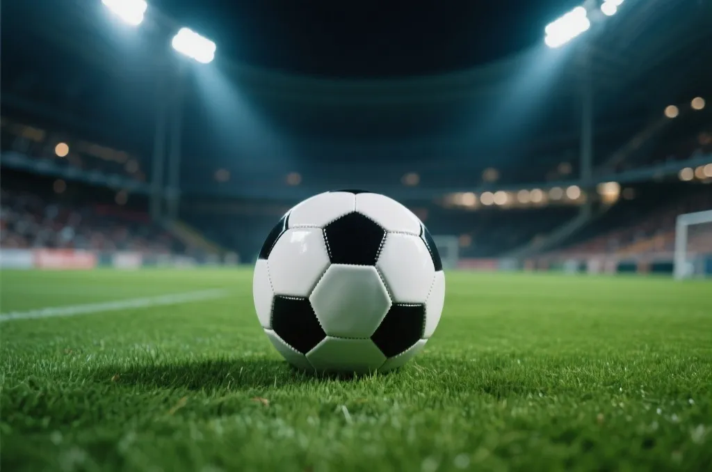 A close-up shot of a soccer ball resting on a lush green field under dramatic stadium lights