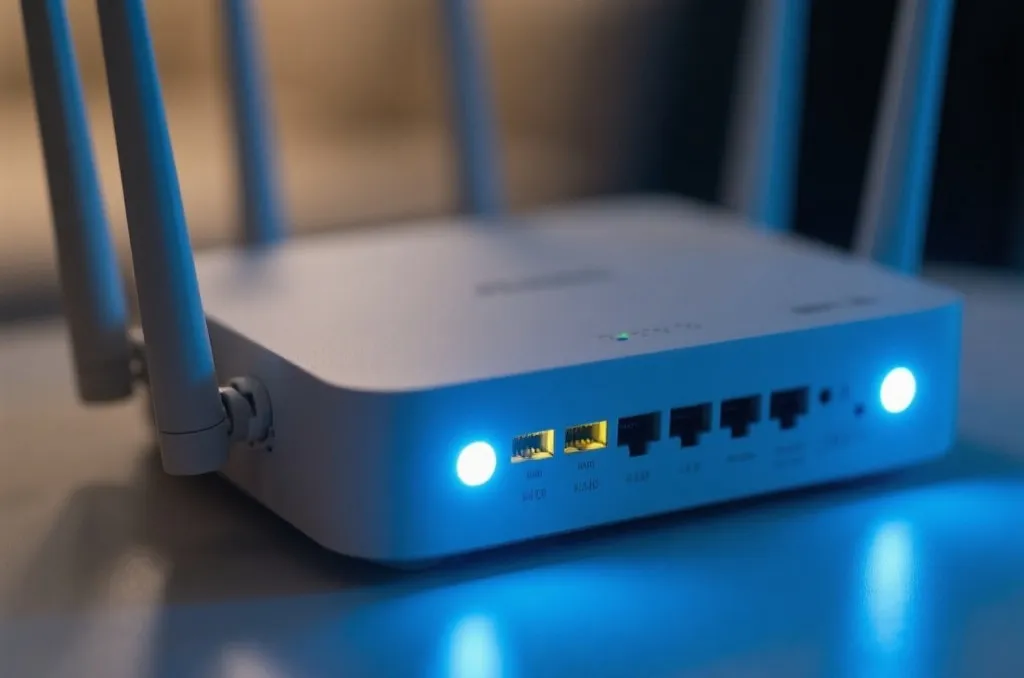 A close-up of a modern home internet router with soft blue glowing LED lights